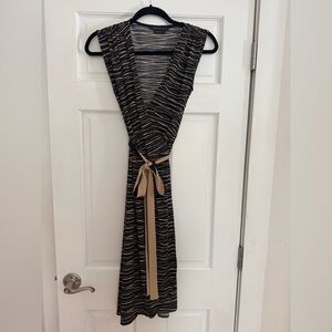 BCBGMaxAzria Black and Tan Striped Midi Wrap Dress